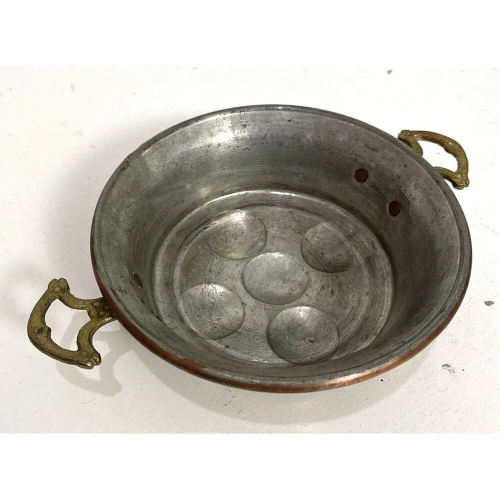 Antique French Copper Brass Handled Egg Poacher Escargot Pan 5 Hole